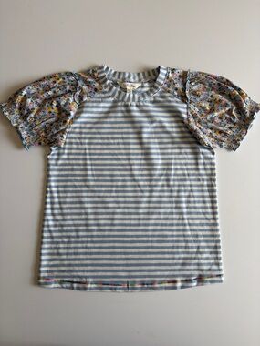 Matilda Jane Blue & White Striped Tee with Floral Puff Sleeves